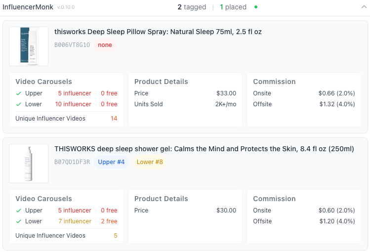 Creator Studio showing video carousel placements and commission data for tagged products